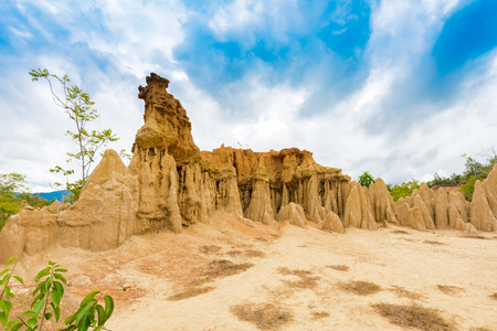 landscape of soil textures eroded sandstone pillars, columns and cliffs, natural erosion of water and wind, "Sao Din Na Noi"or "Hom Chom" and "Khok Suea" at sri nan national park in Nan Province, Thailandの写真素材
