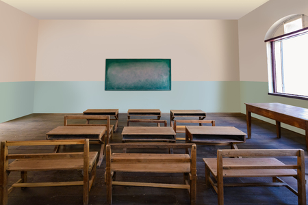 Antique classroom in school with Rows of empty wooden desks, Wooden chair and benches,study desk and chair, blackboardの写真素材