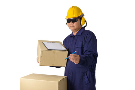worker in Mechanic Jumpsuit or delivery man carrying parcel and presenting receiving form for...