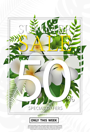 Summer Sale Discount 50% design flyers or poster with exotic jungle plant, palm leaves Vector Design Template with leaves, Floral tropical summer backgroundのイラスト素材
