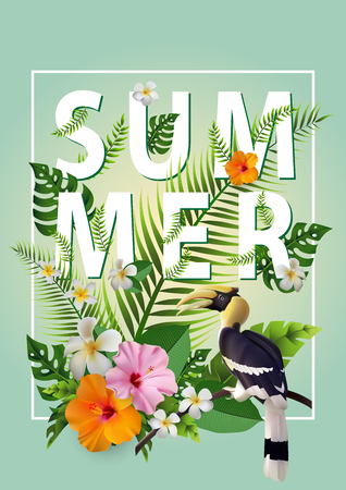 Trendy Summer Tropical Flowers, Leaves, Hornbill. T-shirt Fashion Graphic. Exotic Vector Designのイラスト素材