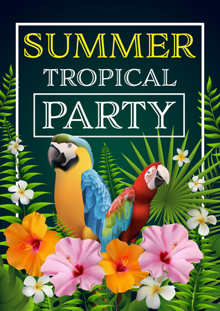 Trendy Summer Tropical Flowers, Leaves, macore bird. Party poster Exotic Vector Designのイラスト素材