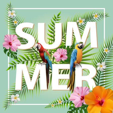 Trendy Summer Tropical Flowers, Leaves, Macore bird. T-shirt Fashion Graphic. Exotic Vector Designのイラスト素材