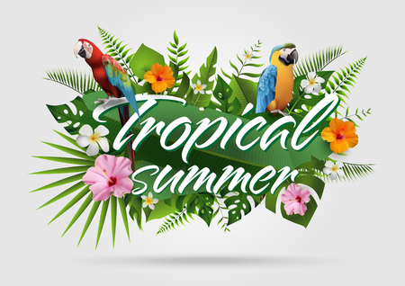 Trendy Summer Tropical Flowers, Leaves, Macore bird. T-shirt Fashion Graphic. Exotic Vector Designのイラスト素材