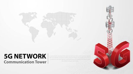 5g Communication Tower Wireless Hi-speed Internet with Data center with circuit board is background. LTE aerial network connection, fastest internet in futureのイラスト素材