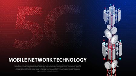 Mobile network technology 5G communication tower for wireless hi-speed internet with circuit board is background. LTE aerial network connection, fastest internet technology in futureのイラスト素材