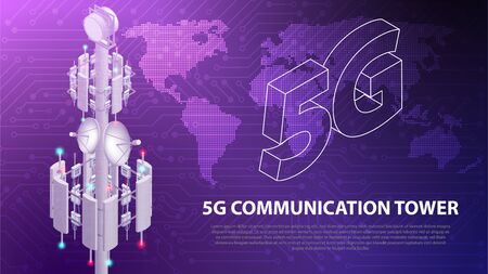 Base Mobile network technology 5G communication antenna tower for wireless hi-speed internet with circuit board is background. LTE aerial network connection, fastest internet technology in futureのイラスト素材
