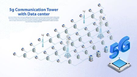 5g Communication Tower Wireless Hispeed Internet with Data center with circuit board is background. LTE aerial network connection, fastest internet in futureのイラスト素材