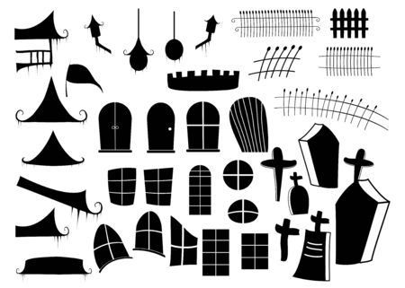 Halloween The components of haunted house church and other buildings object set are separated into pieces isolated on white background, used for festive decorationsのイラスト素材