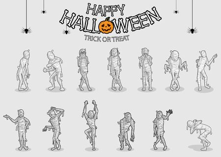 collection set of halloween monster costume Mummy. character design with simple color and easily editable layersのイラスト素材