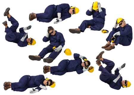 collection set of worker in Mechanic Jumpsuit with helmet, earmuffs, Protective gloves and Safety goggles had an accident at work isolated on white backgroundの写真素材