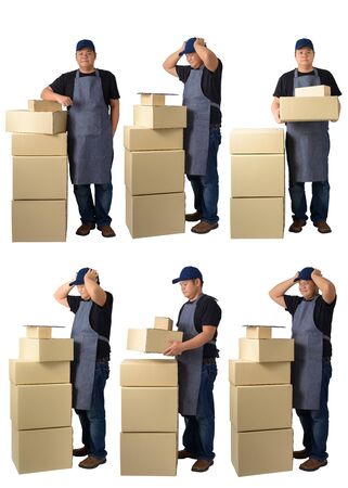 collection set of Full Body portrait of delivery man in Black shirt and apron with stack of boxes. He has a headache because the product has problems. isolated on white backgroundの写真素材