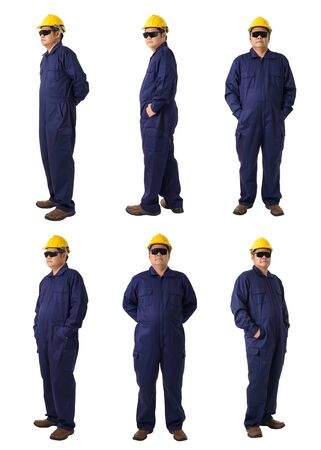 collection set of Full body portrait of a worker in Mechanic Jumpsuit with helmet and Safety goggles isolated on white backgroundの写真素材