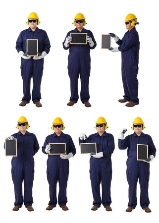 collection set of Full body portrait of a worker in Mechanic Jumpsuit with helmet and Safety goggles isolated on white backgroundの写真素材