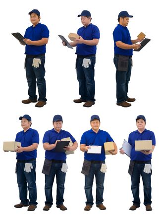 collection set of Full body asian delivery man working in blue shirt with Waist bag for equipment hand holding parcel box and presenting receiving form for signing isolated white backgroundの写真素材