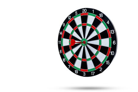 Red dart arrow hitting in the target center Dart board Isolated on White background, Setting aim goal achievement concept challenging business goals And ready to achieve the goal and Marketing conceptの写真素材