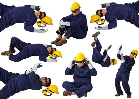 collection set of worker in Mechanic Jumpsuit with helmet, earmuffs, Protective gloves and Safety goggles had an accident at work isolated on white backgroundの写真素材