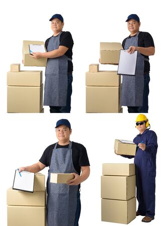 collection set of Full Body portrait of delivery man in Black shirt and apron with stack of boxes is carrying parcel and presenting receiving form isolated on white backgroundの写真素材