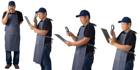 collection set of Full Body worker man or Serviceman, investigator in Black shirt and apron is holding or looking with magnifying glass isolated on white backgroundの写真素材