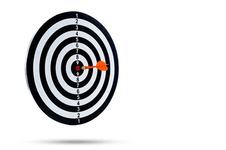 Red dart arrow hitting in the target center Dart board Isolated on Whiteの写真素材