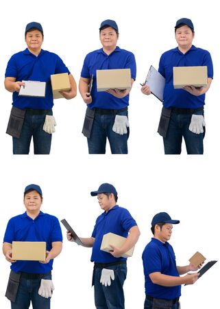 collection set of asian delivery man working in blue shirt with Waist bag for equipment hand holding parcel box and presenting receiving form for signing isolated white backgroundの写真素材