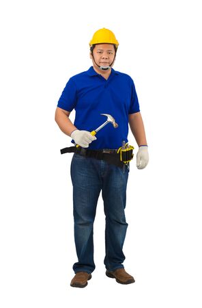 construction man workers in blue shirt with Protective gloves, helmet with tool belt hand holding hammer isolated on white backround with clipping pathの写真素材