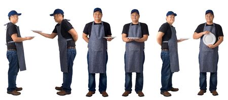 collection set of full body waiter holding empty white plate isolated on white backgroundの写真素材