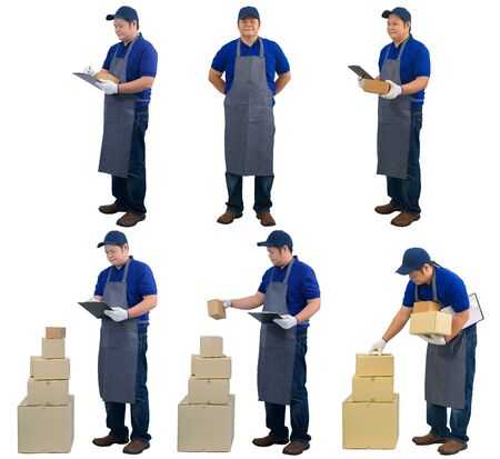 collection set of asian delivery man working in blue shirt with Waist bag for equipment hand holding parcel box and presenting receiving form for signing isolated white backgroundの写真素材
