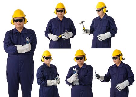 collection set of portrait of a worker in Mechanic Jumpsuit is holding a wrench or tool with helmet, earmuffs, Protective gloves and Safety goggles isolated on white backgroundの写真素材