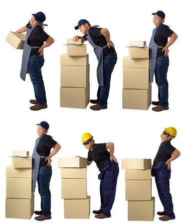 collection set portrait of Delivery man lifting heavy weight parcel boxes against having a backache isolated on white backgroundの写真素材