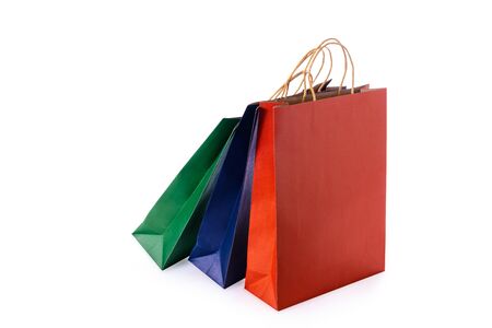 Mockup Group of colorful Blank paper shopping bags isolated on white background with clipping pathの写真素材