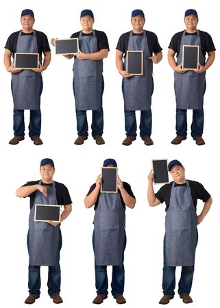 collection set of Full Body worker man or Serviceman in Black shirt and apron is holding chalkboard isolated on white backgroundの写真素材