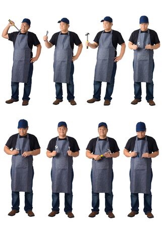 collection set of Full body portrait of a worker man or Serviceman in Black shirt and apron is holding wrench or any tool isolated on white background. Hand-made, DIY conceptの写真素材