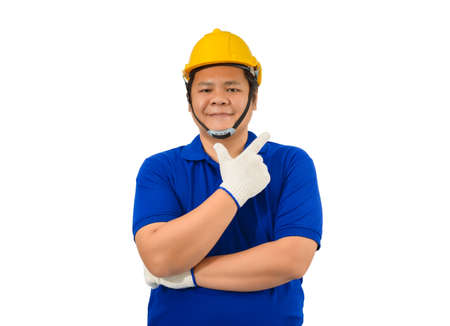 construction man workers in blue shirt with Protective gloves, helmet with tool belt and Thumbs up...