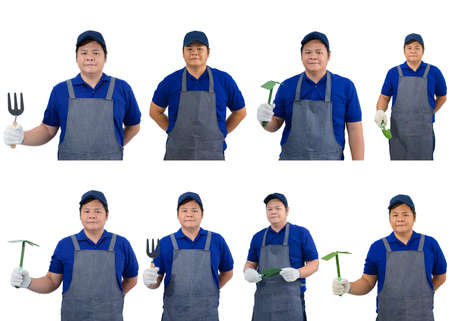 collection set of asian worker man in blue shirt with apron and protective gloves hand holding shovel isolated on white backgroundの写真素材