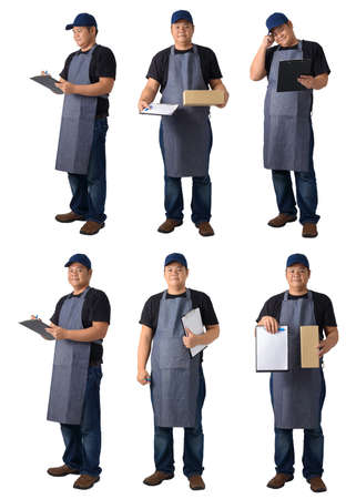 collection set of Full Body portrait of delivery man in Black shirt and apron with stack of boxes is carrying parcel and presenting receiving form isolated on white backgroundの写真素材