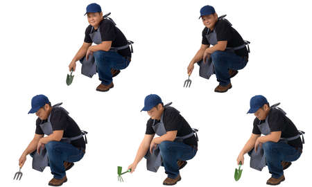 collection set of worker man or Serviceman in Black shirt and apron is holding Shovel for Cultivators isolated on white background. Hand-made, DIY, Garden conceptの写真素材