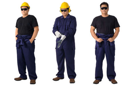 collection set of Full body portrait of a worker in Mechanic Jumpsuit with helmet and Safety goggles isolated on white backgroundの写真素材