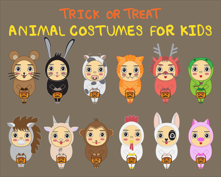 Halloween children trick or treating in Halloween costumeのイラスト素材