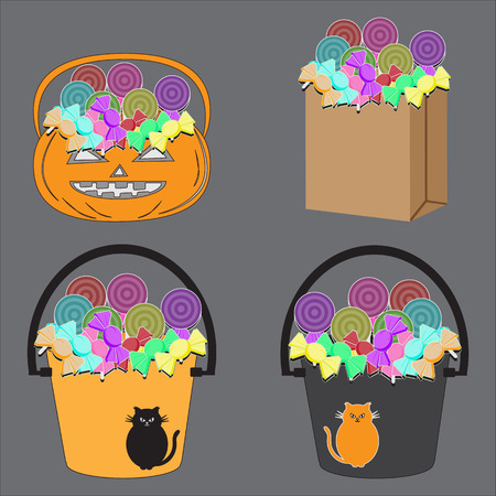 Tricks or Treats Halloween Jack O Lantern. Vector Illustration of Festive Basket with Sweetsのイラスト素材