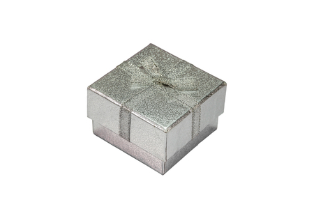 Silver gift box isolated on white backgroundの写真素材