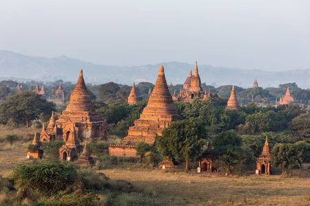 View from the Shwe Sandaw Pagoda during sunset in Bagan, Myanmarの写真素材
