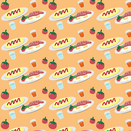 Breakfast on a plate eggs bacon lettuce tomato a cup patternのイラスト素材