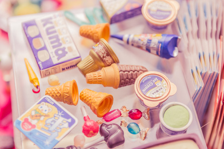 Bangkok,Thailand - February 16, 2016:Variety of miniature clay sweet and candy collection vintage.Re-ment toy japen.のeditorial素材