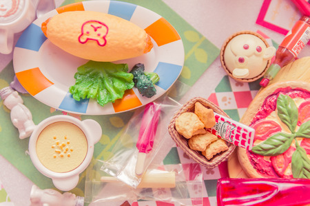 Bangkok,Thailand - February 16, 2016:Variety of miniature clay sweet and candy collection vintage.Re-ment toy japen.のeditorial素材