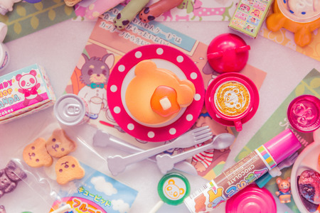 Bangkok,Thailand - October 29, 2015:Variety of miniature clay sweet and candy collection vintage.Re-ment toy japen.Soft Focusのeditorial素材