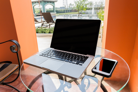 Laptop computer, phone ,books and plant on the table in swimming pool, small depth of field.の写真素材