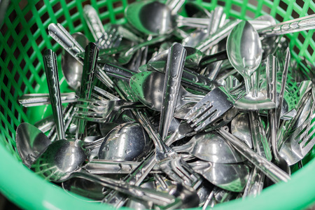 fork and spoon after washingの写真素材