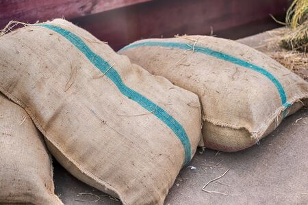 hemp sacks containing riceの写真素材