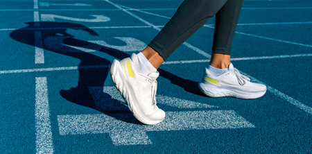 Detail of legs and sports shoes of a young female runner, prepared in a position with her legs and feet flexed to do sprint or a race on a blue athletics track. Runner's shadow projected on the track.の写真素材